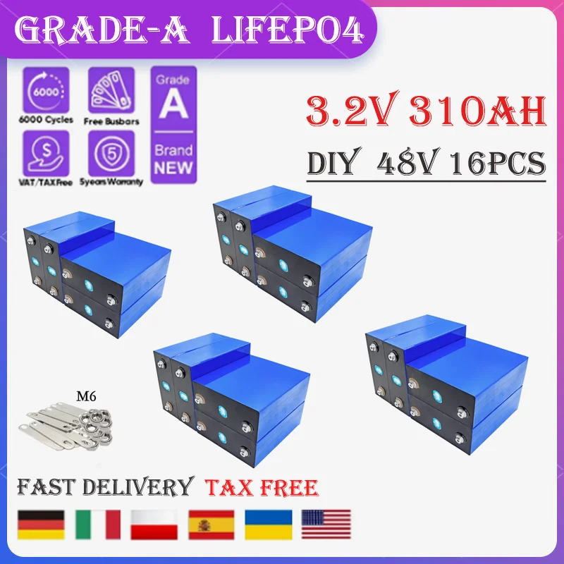 

16pcs 3.2v 310Ah Lifepo4 Battery Ir Phosphate Solar DIY 12V 24V 48V Cell For RV Campers Golf Cart Off-Road Off-grid Solar Wind