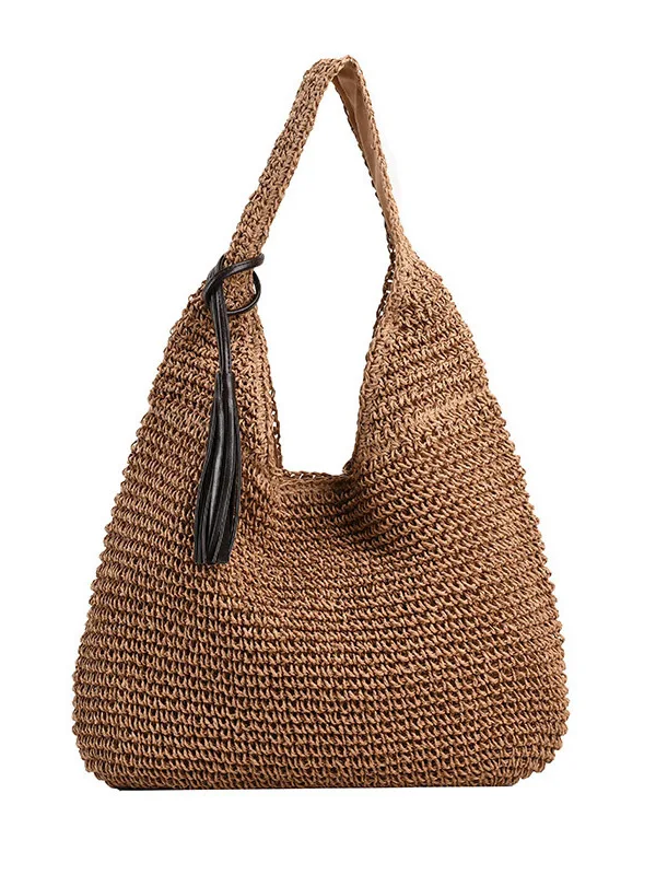Laid-back Woven Straw Bag Single Shoulder Beachy Summer Fashion Bag Women's Cute Style Zipper Closure Handbag for Vacations