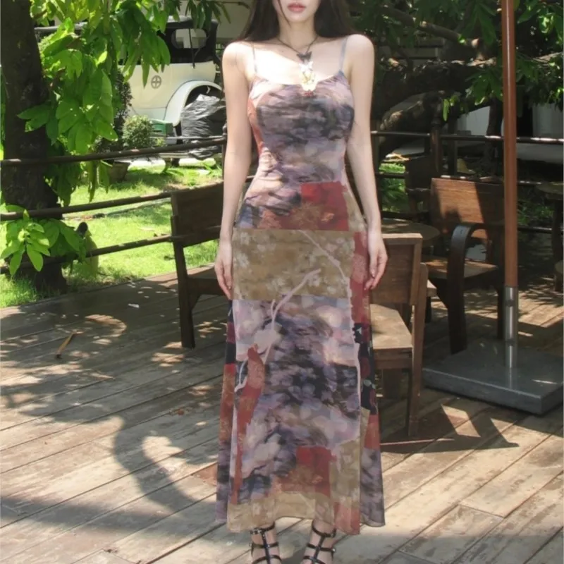 

Vintage Floral Wasteland Style Waist-Tight Midi Dress Women's -Fitting Patchwork Suspender Dress