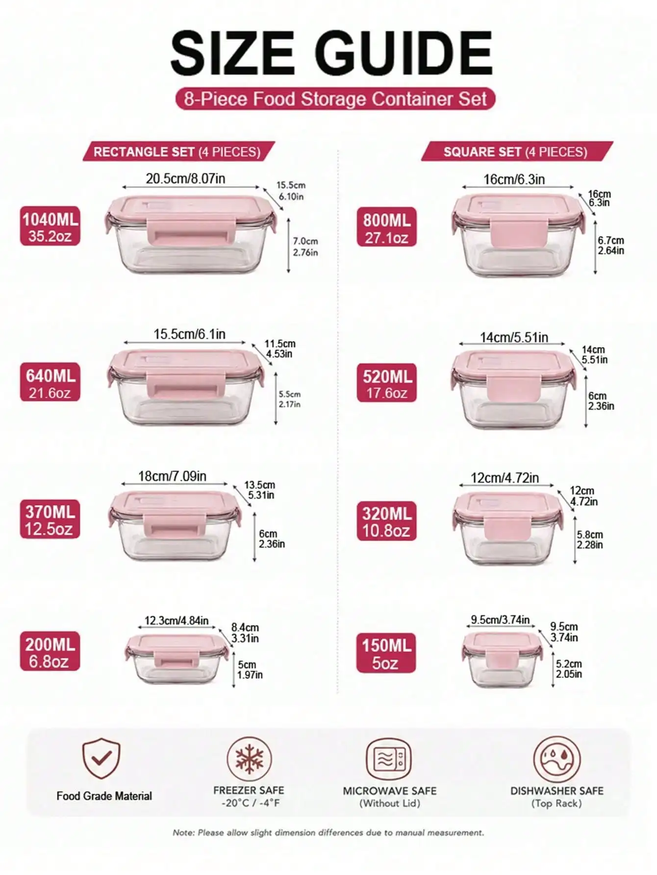 8-Pcs Glass Food Storage Container Set with Pink Snap Lids, Assorted Rectangle & Round Stackable Boxes for Fresh Produce, Pre-Pr