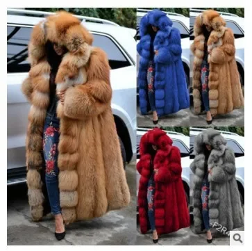 

New Women's Clothing Mixed Fur Coat Extra Long Loose Fashionable Warm Thickened Large Size Hooded Solid Color Fake Fur Coat