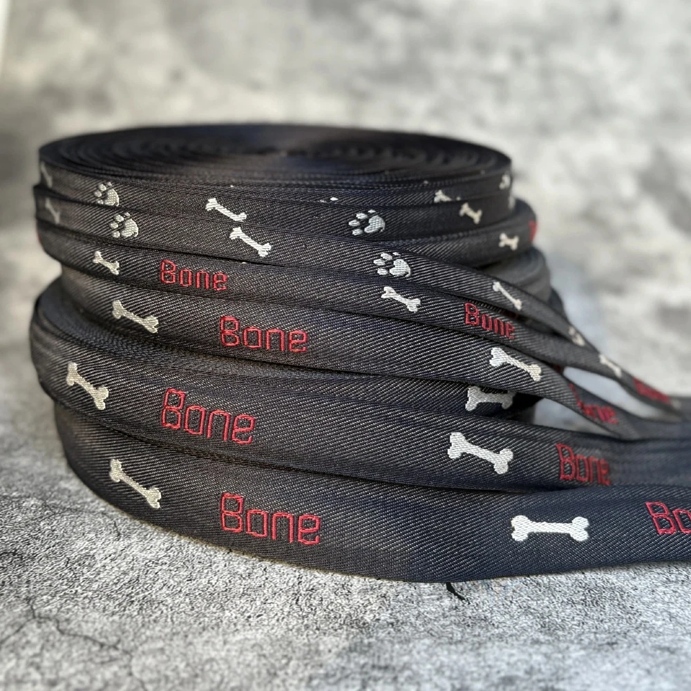 50 Yards Cartoon Woven Jacquard Ribbon 10MM/16MM/20MM/25MM 100% Polyester White Bones Design for Dog Collar Accessories
