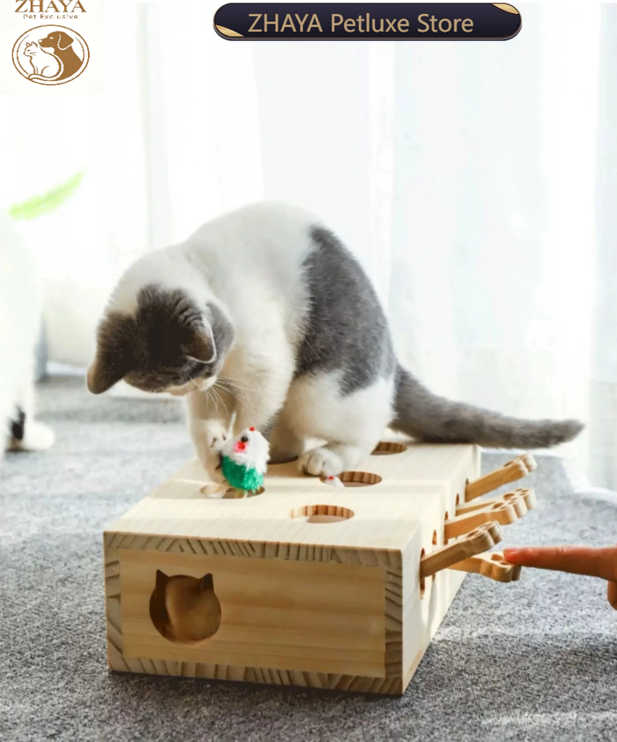 ZHAYA Solid Wood Whack A Mole Cat Toy Interactive Puzzle Fun Game Kitten Chase Play Hide Seek Activity Center Self Amuse Pet
