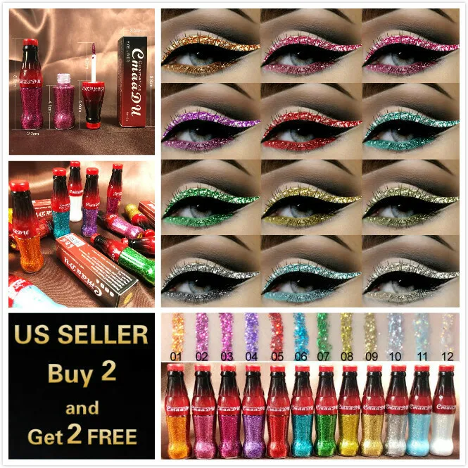 12 Colors GLITTER Waterproof Eyeshadow Liquid Eyeliner Makeup Shimmer Metallic