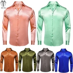 Hi-Tie-camisas de vestir de seda satinada para hombre, camisa de traje de manga larga, blusa Formal informal de color sólido puro rosa dorado rosa melocotón menta blanco