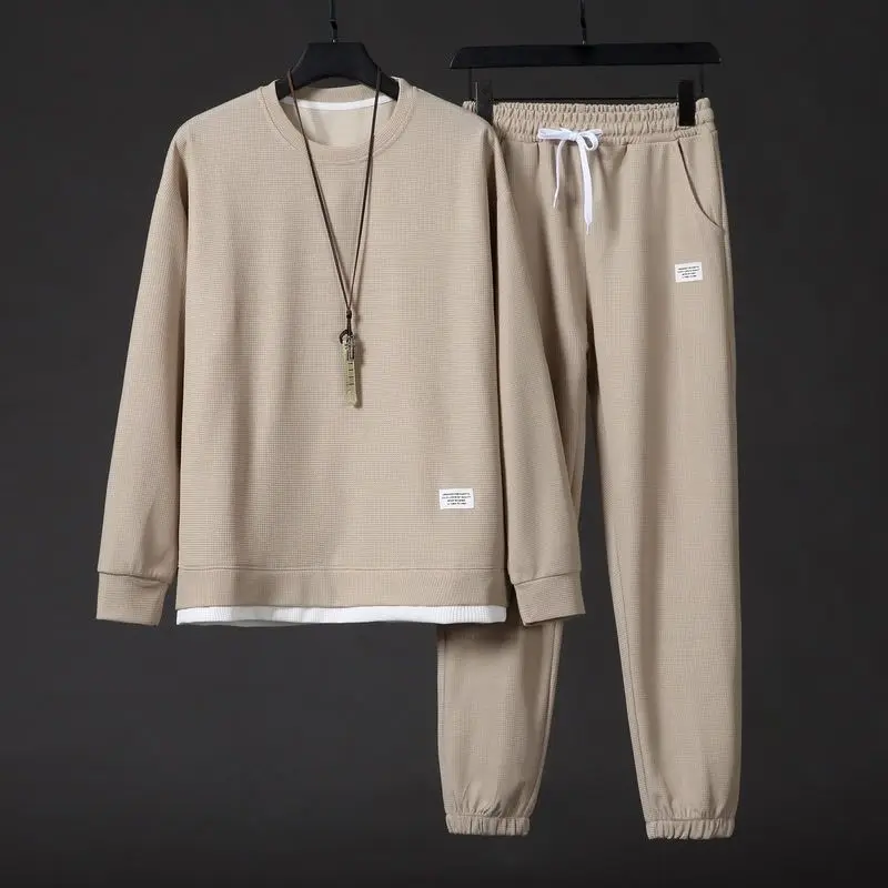 New Waffle Men's Spring and Autumn Trendy Casual Sports Versatile Long Sleeve Sweatshirt Trousers Suit