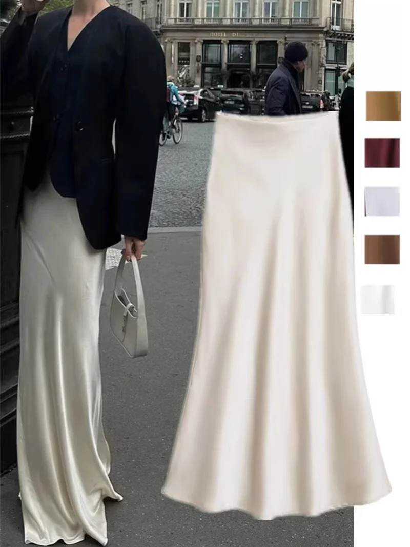 

Атласная юбка-миди с высокой талией и кружевной отделкой Street Sle Pure Color, универсальная юбка Fairy like f Body