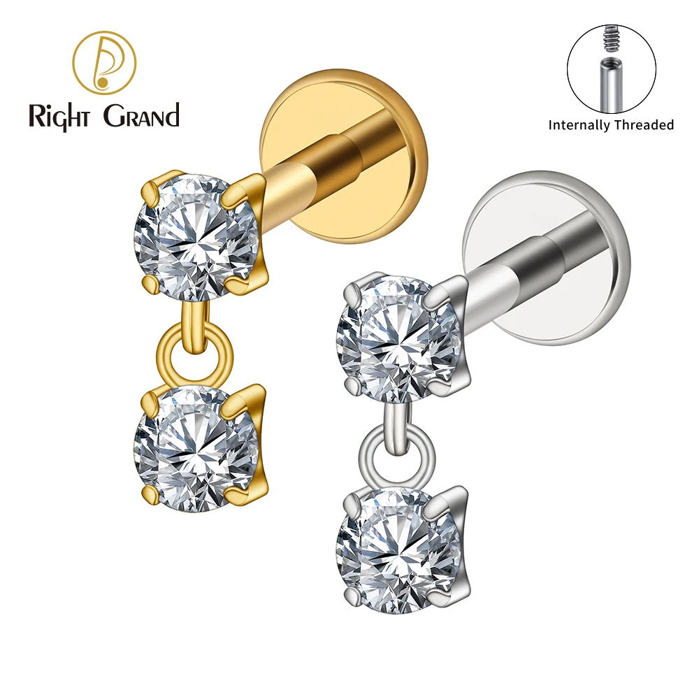 Right Grand ASTM F136 Titanium 16G Double CZ Floating Dangle Tragus Helix Cartilage Stud Internally Threaded Charm Drop Earring