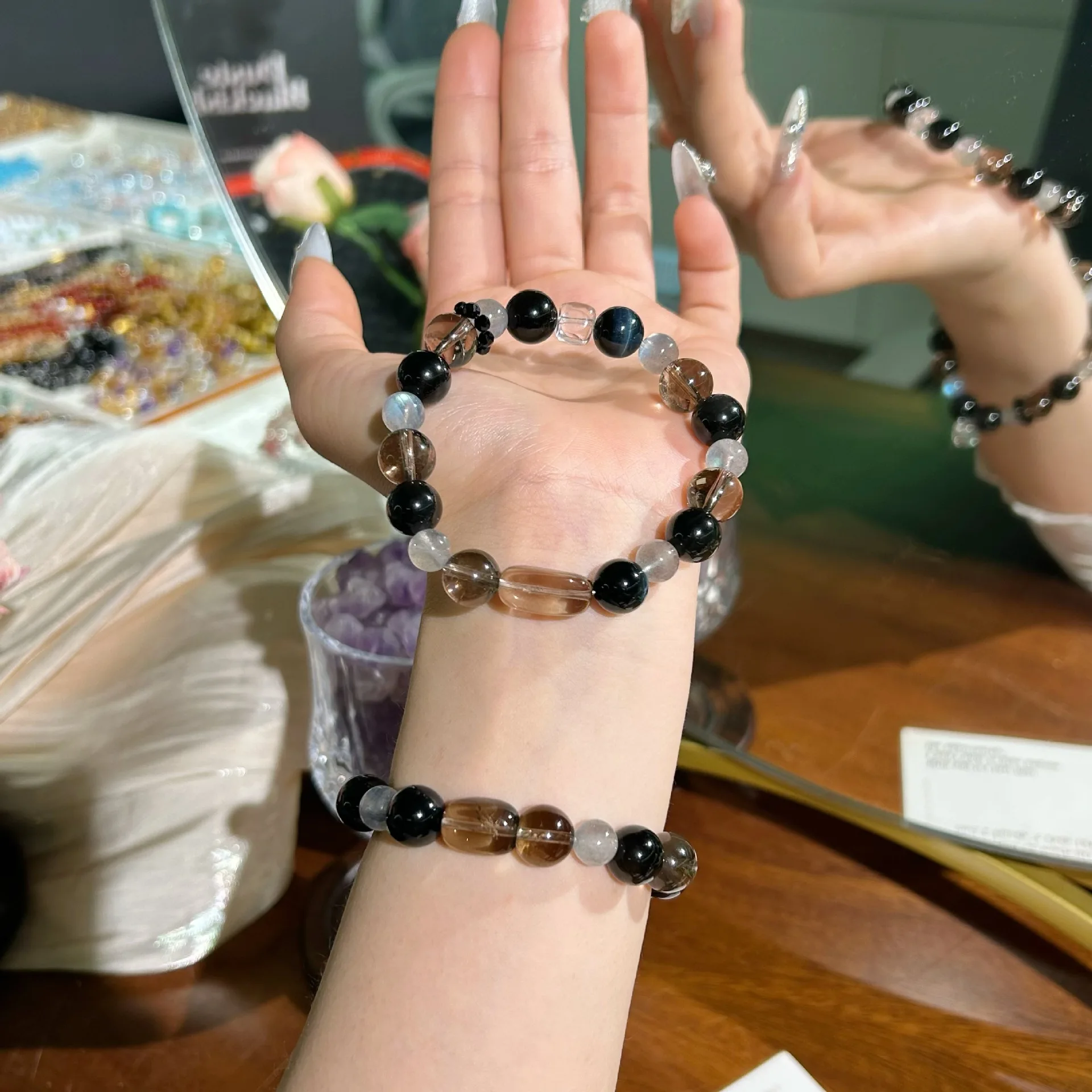 Natural Smoky Quartz Square White Crystal Gray Moonstones Strand Bracelets Lucky Wealth Crystal Beaded Bangle Jewelry for Women view 4