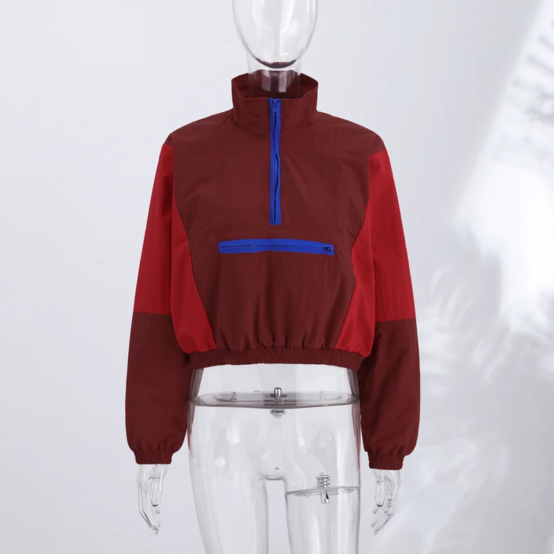 2026 Herbst Schicke Kontrastfarbene Damenjacke Rot Lässiger Stehkragen Langarm Halbe Reißverschlüsse Lose Damenmäntel Streetwear Neu – Detail 12