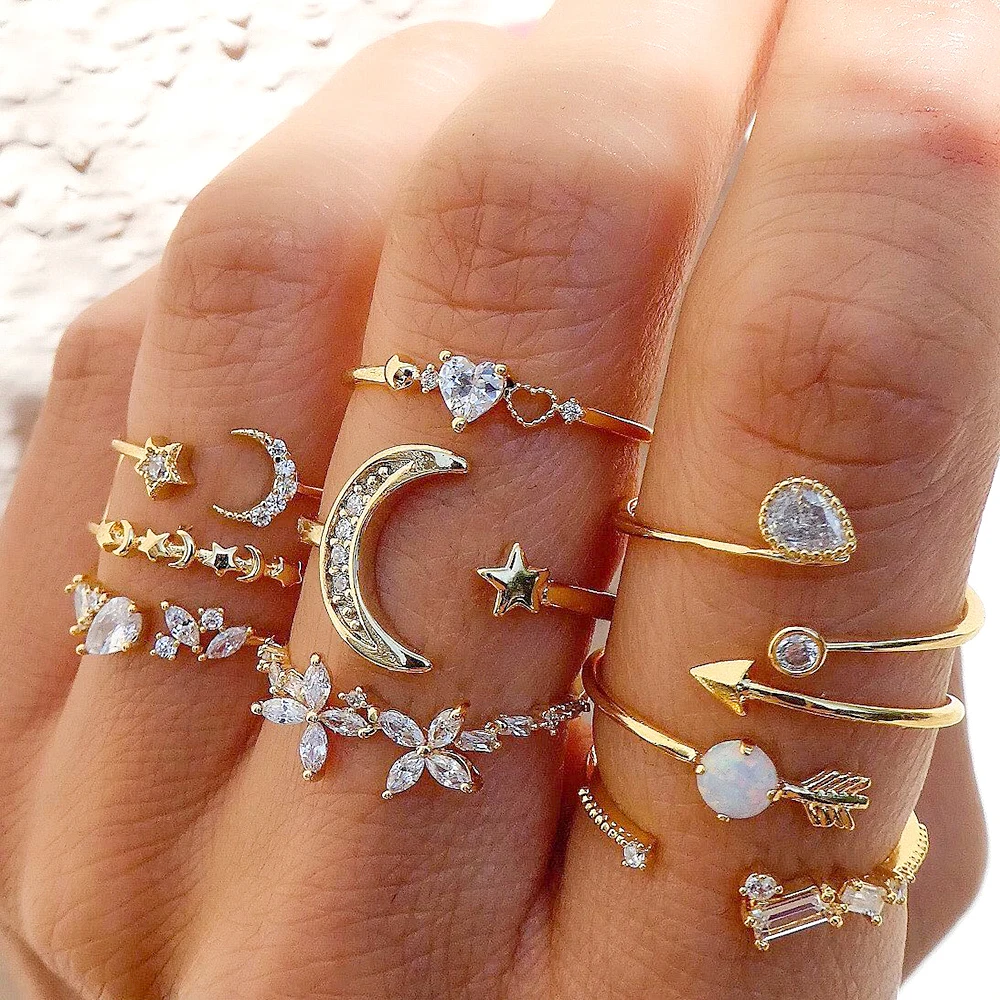 FNIO Bohemian Midi Knuckle Ring Set For Women Crystal Stars Moon Flower Love Crescent Geometric Finger Rings Vintage Jewelry