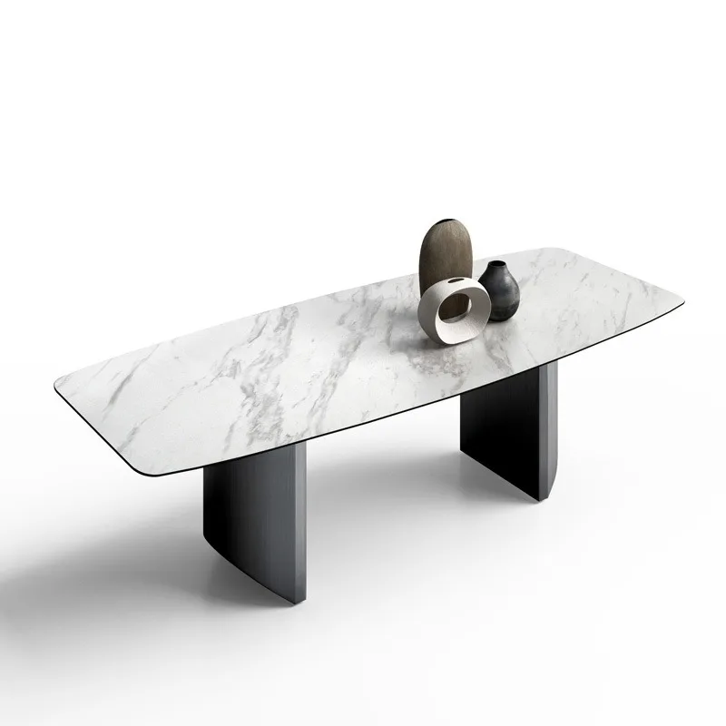 Italian minimalist black rock slab floating dining table, rectangular stainless steel dining table