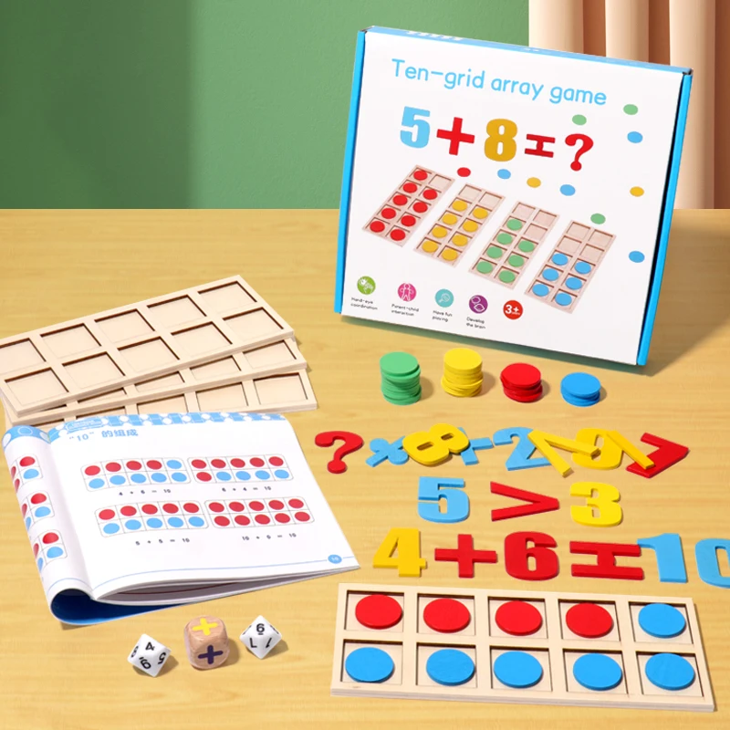 Montessori Digital Card  Ten-grid Array Game Math Toys Wooden Addition Subtraction Teaching Aids Kids Education Logical Thinking