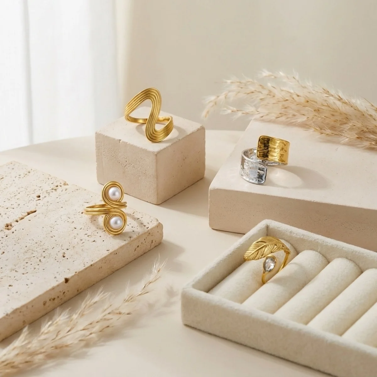 Französische Vintage-Fingerringe mit hohlem, gewelltem Design, imitierten Perlen und Spiralblatt-Motiven für Damen und Herren, im Nischenstil, geometrischer Ring, ästhetischer Schmuck. – Detail 17