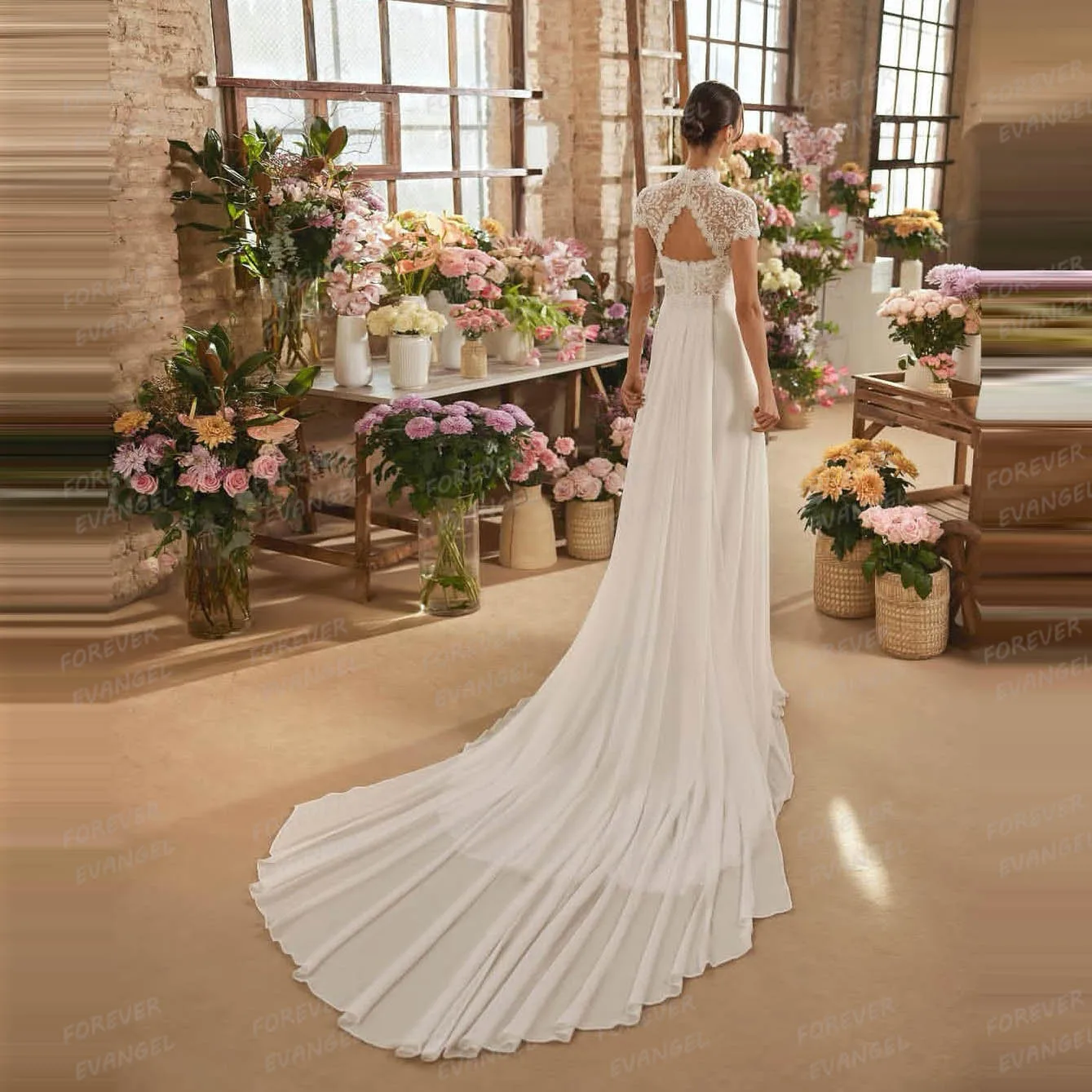 Abiti da sposa eleganti Abiti da sposa con collo alto da donna Abiti da sposa formali con maniche ad aletta Sweep Train Abiti da sposa personalizzati morbidi