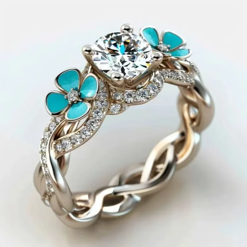 A delicate flower-patterned bright pink zircon women's oil drip ring