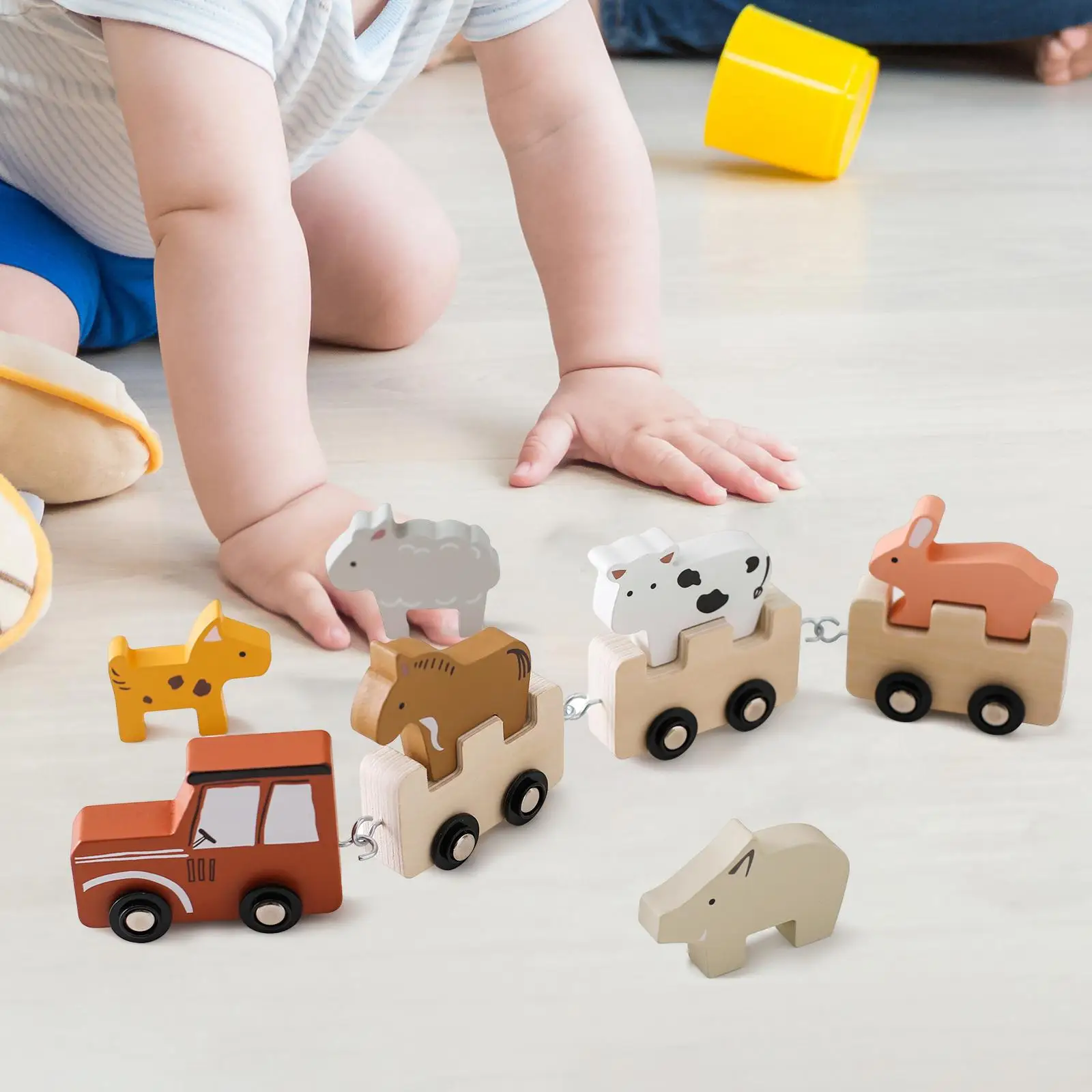 Wooden Farm Animal Train Set Fine Motor Skills Educational Toy Animal Farm Train for Kids Girl 2 3 Year Old Boy Birthday Gifts