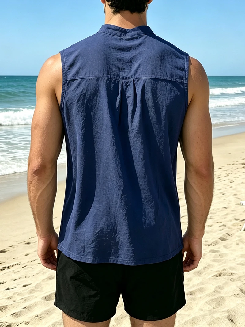 2026 Neue Herren Leinen-Henley-Tanktops mit Stehkragen, Ärmellos, Locker Sitzend, für Strand, Resort, Reisen, Alltag, Outdoor, Urlaub, Freizeit-Weste – Detail 6