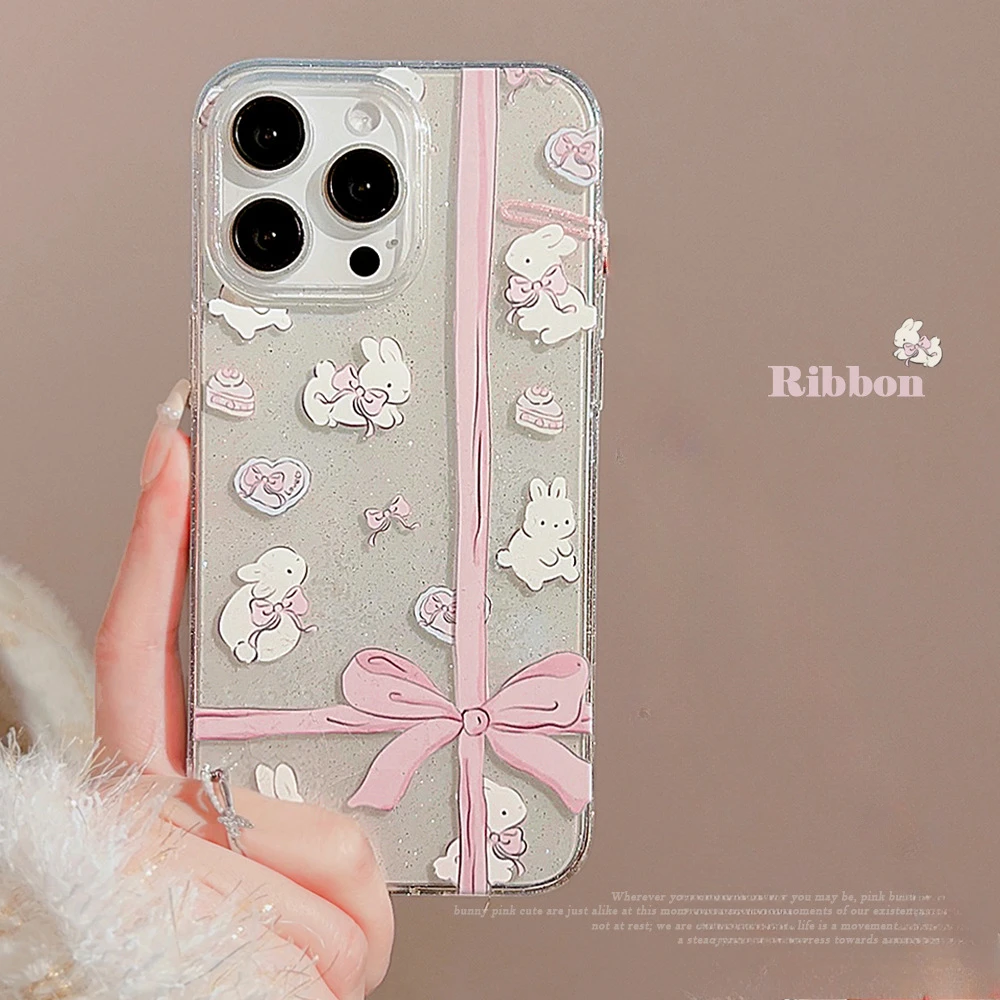 풀 스크린 반짝이 만화 귀여운 나비 매듭 토끼 충격 방지 보호 폰 커버 케이스, 아이폰 16, 15, 14, 13, 12, 11 프로 맥스 플러스