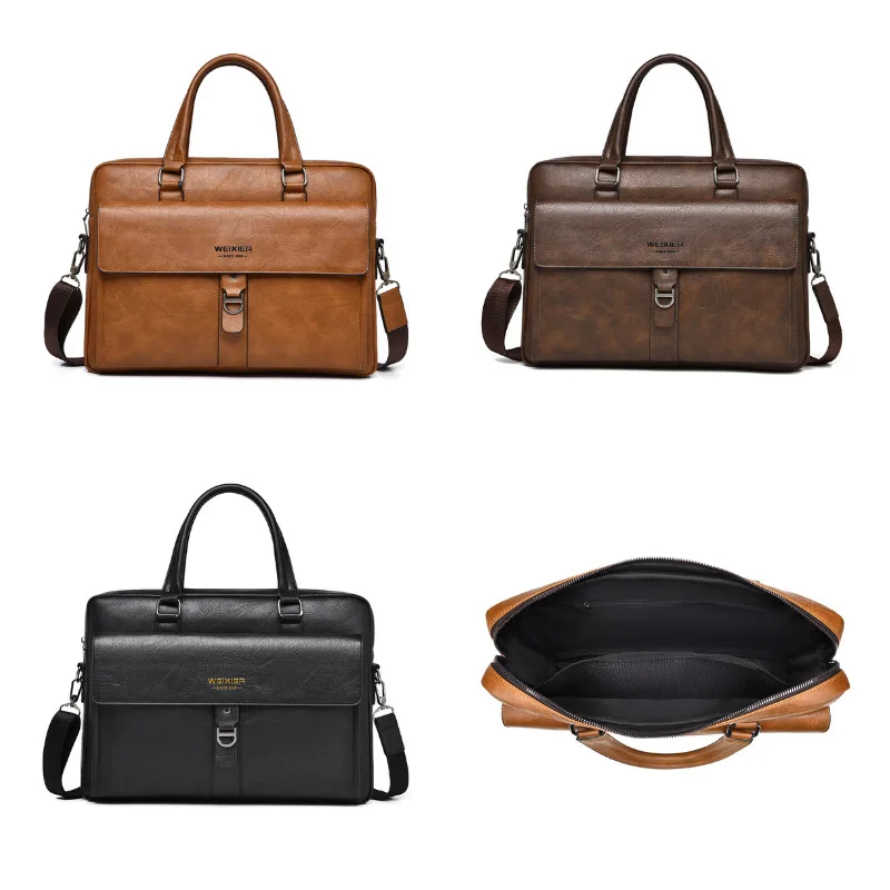 Vintage Dark Brown PU Leather Men Briefcase 15.6 Inch Laptop Handbag Detachable Shoulder Strap Business Office Messenger Bag view 4