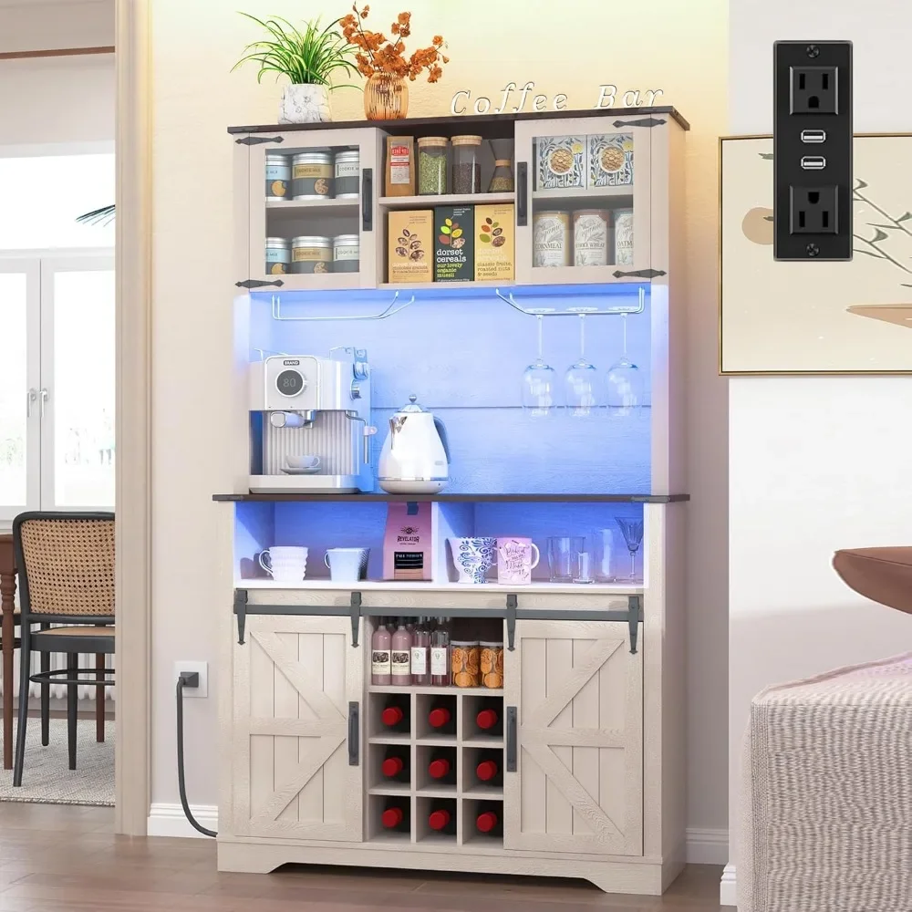 

Farmhouse Coffee Bar Cabinet with Sliding Barn Door, Buffet Cabinet with Hutch, Kitchen Pantry Cabinet with Power Outlet & Light