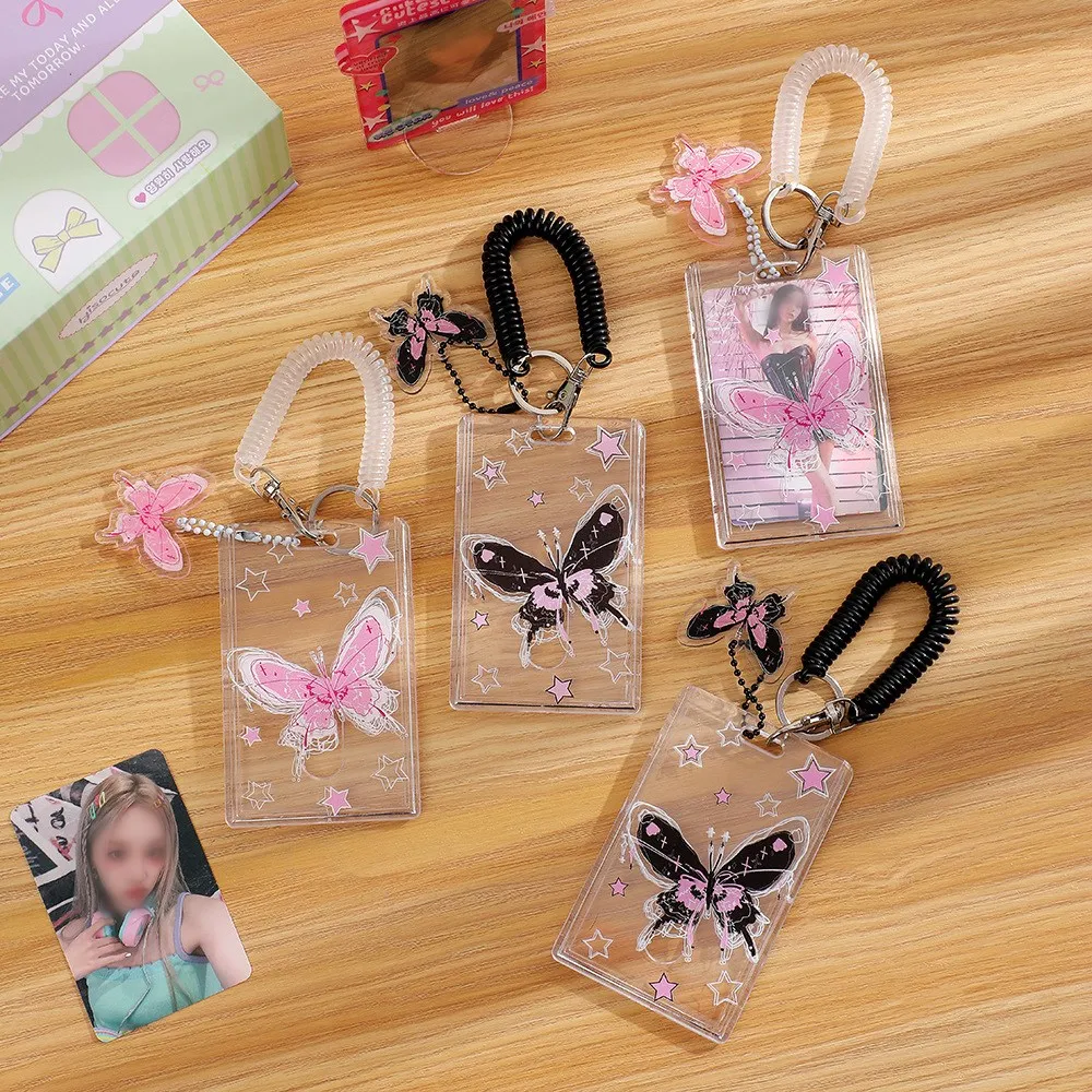 INS Butterfly Photocard Holder Keychain Pendant Transparent 3 Inch Idol Photo Card Sleeves Lovely Bus Bank Card Case Stationary