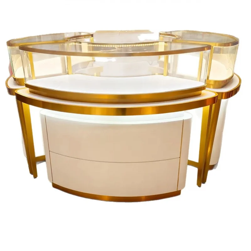 custom.Nakajima Luxury Jewelry Display Cabinet Baking Paint Gold White Anti-Thief Lock LED Shopping Mall Use
