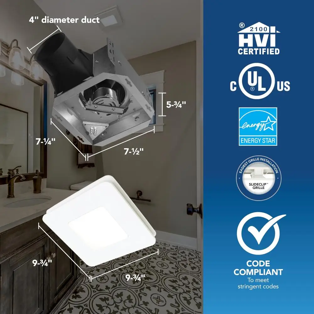 Ventilatore di scarico per bagno certificato Energy Star con luce LED 80 CFM Funzionamento silenzioso Installazione rapida Tecnologia SlideClip Senza soluzione di continuità