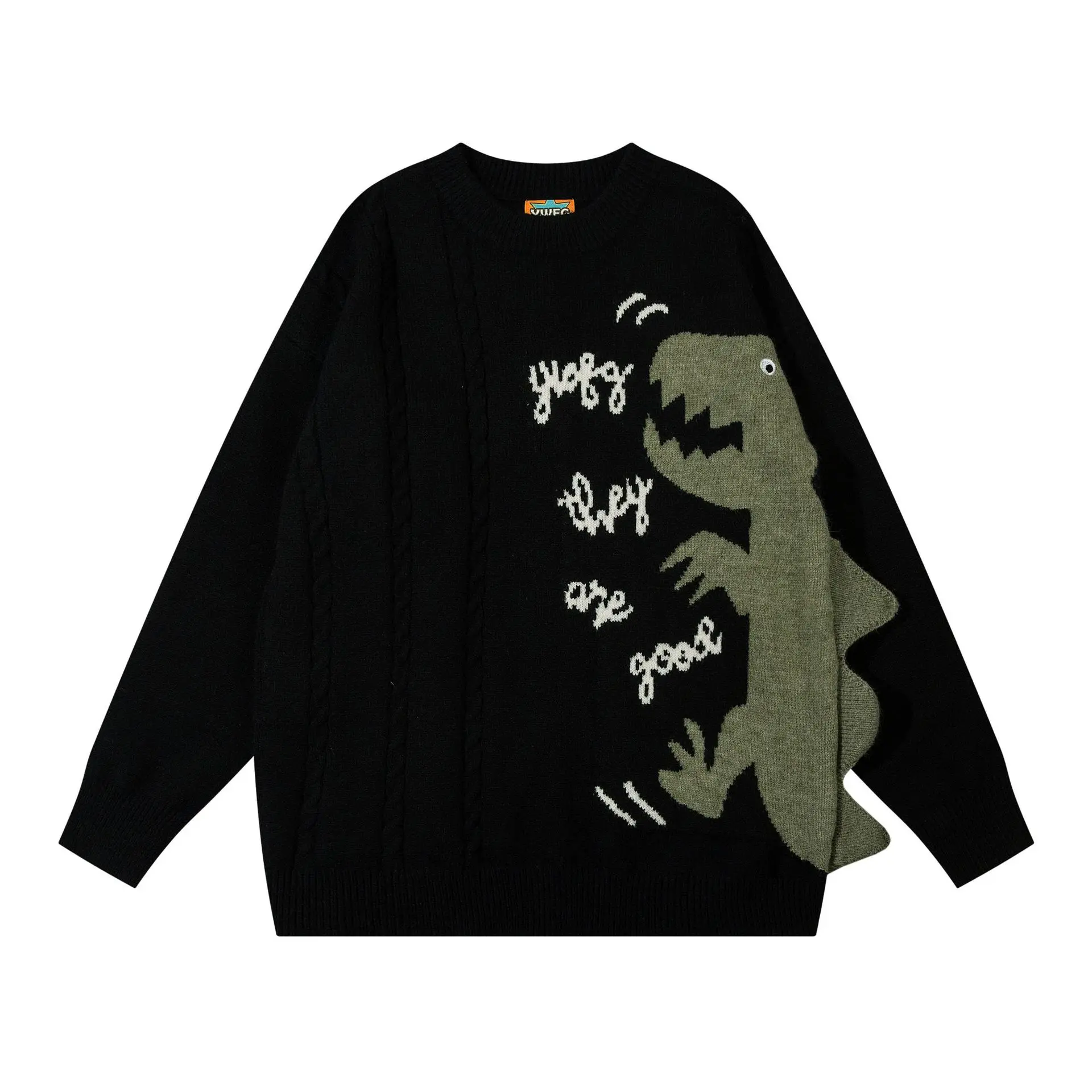 Streetwear Men's Comics Dragon Graffiti Print Jacquard  Sweater Autumn O-neck Knitted Pullover Oversized Knitwear Unisex