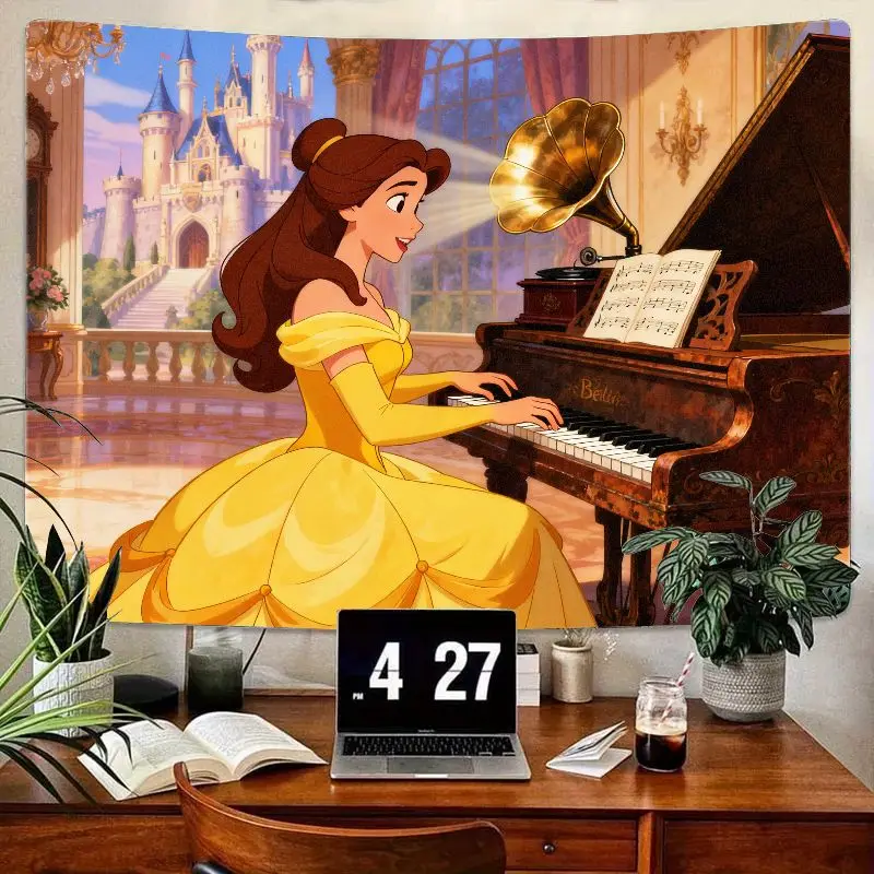 

1PC Disney Belle Beauty & The Beast Playing Piano Tapestry Yellow Gown Wall Art Castle Backdrop Bedroom Living Room Dorm Decor G