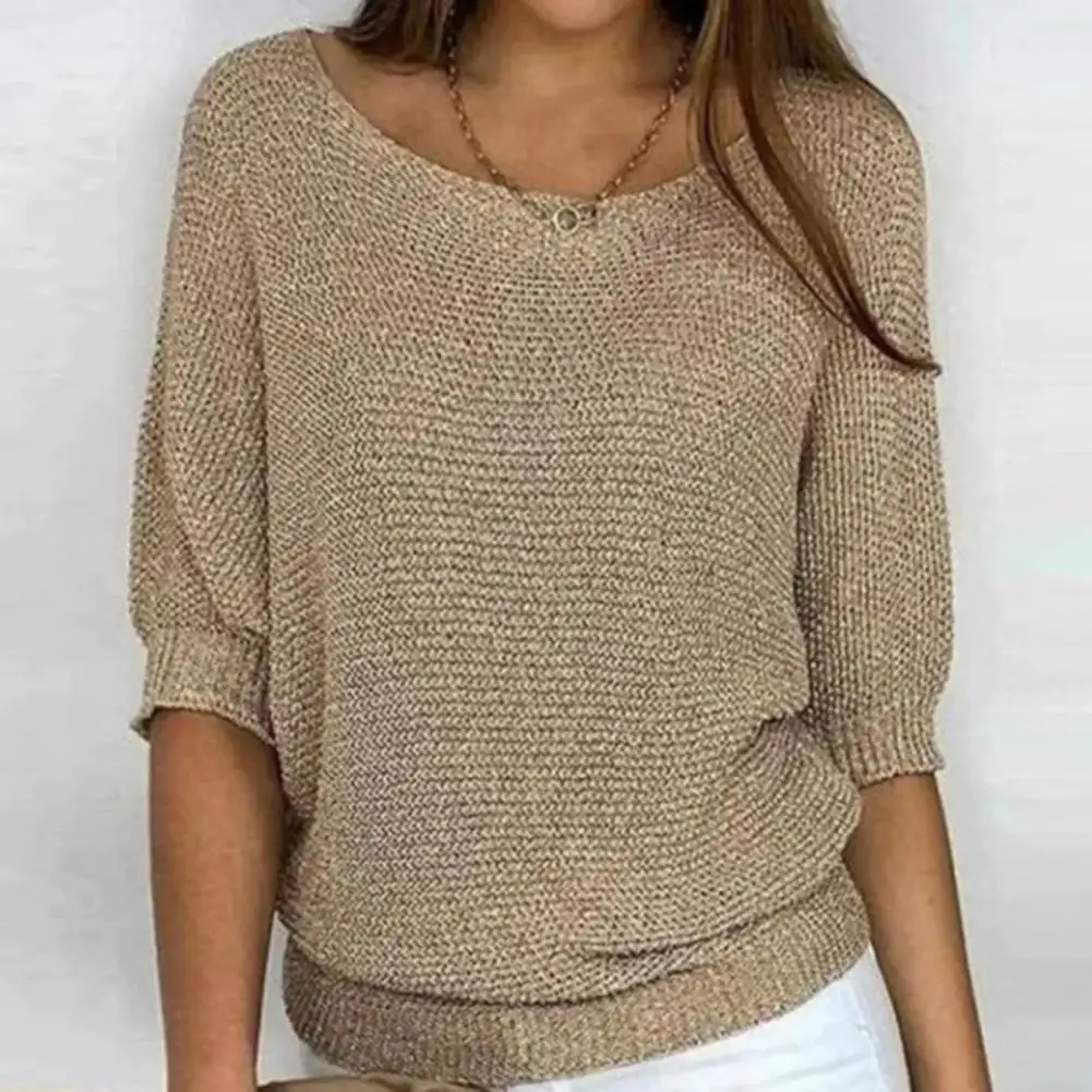 Women Autumn Winter Solid Color Knitting Sweater O-Neck 3/4 Sleeve Loose Fit Pullover Tops Knitwear