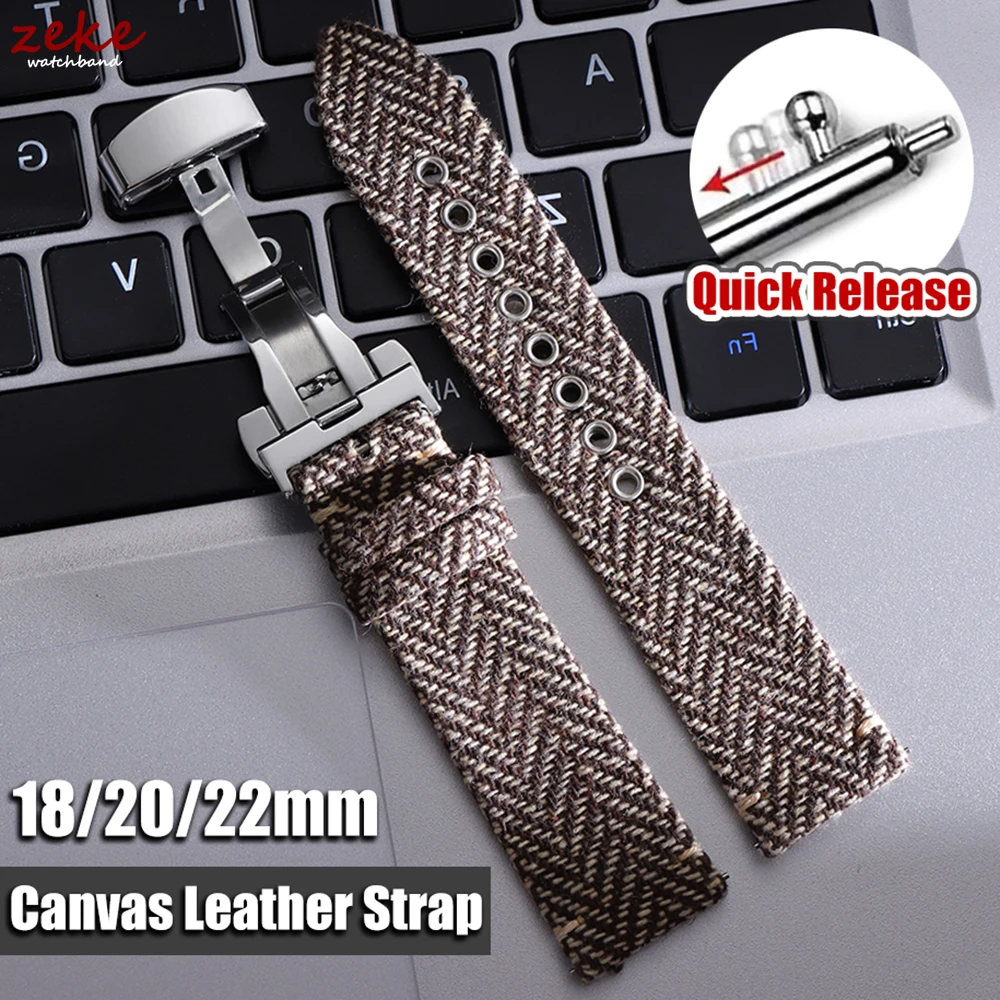 Vintage Echtleder Canvas Straps 18mm 20mm 22mm Quick Release Nylon Armband für Omega für Seiko Butterfly Verschluss Uhrenarmband