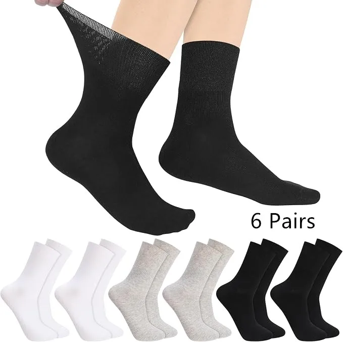 6 Pairs Diabetic Socks for Men and Women Non-Binding Loose Top Soft Breathable Comfort Crew Socks for Swollen Feet Size 43-46