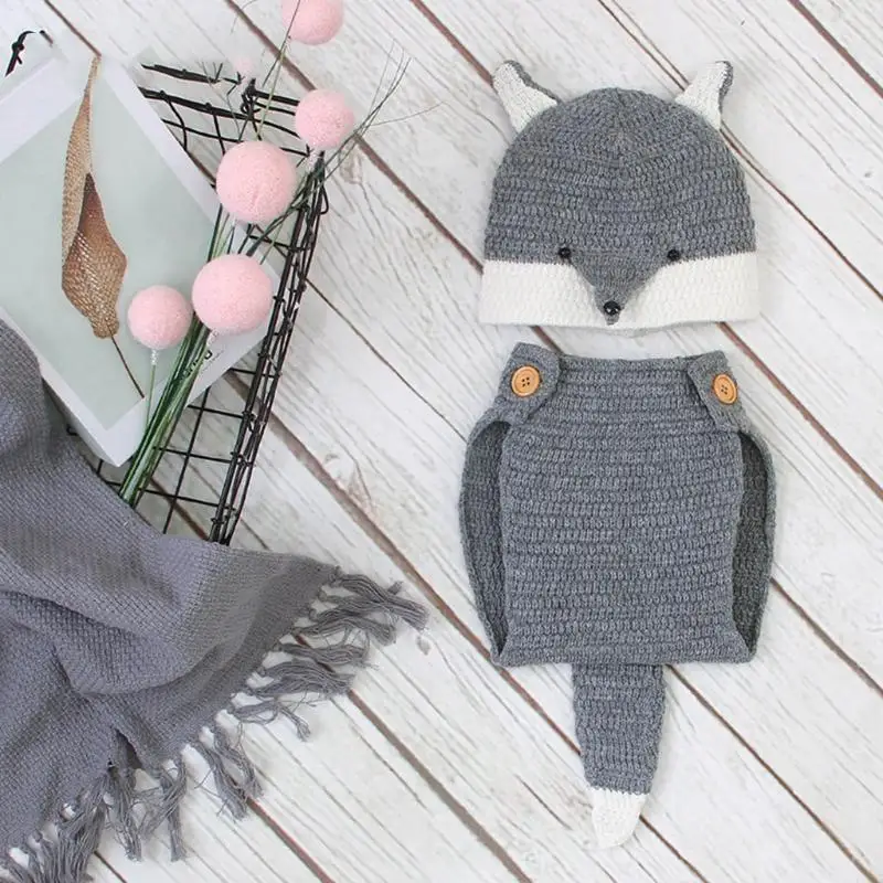 

C63C Knitting Soft Hat Pants Set Baby Clothing Accessories Animal for Bebe Newborn Photography Prop