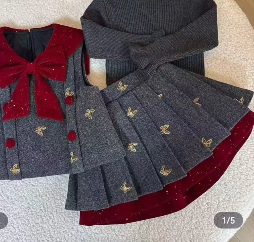 Conjunto Infantil Feminino 2026: Novo Conjunto Primavera/Outono com Colete e Saia Plissada Estilo Pequena Fragrância - Conjunto de Duas Peças