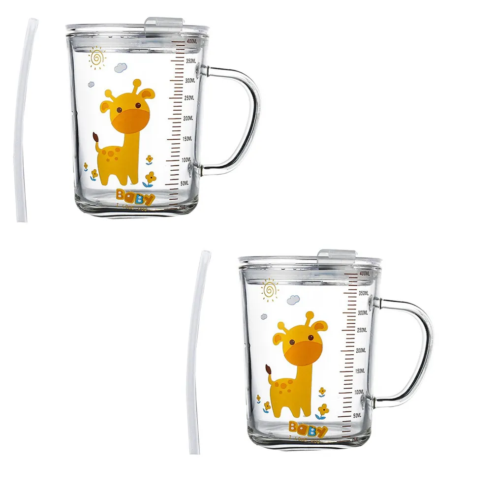 2 Sets Kids Glass Straw Cups with Clear Scale, Non-Scald Handle, Easy-Clean & Microwave-Safe