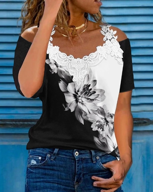 

Women Intelligent Style Top 2024 Spring Summer Latest Lace Patchwork Printed Short Sleeved T-Shirt Round Neck Commanding Blouses