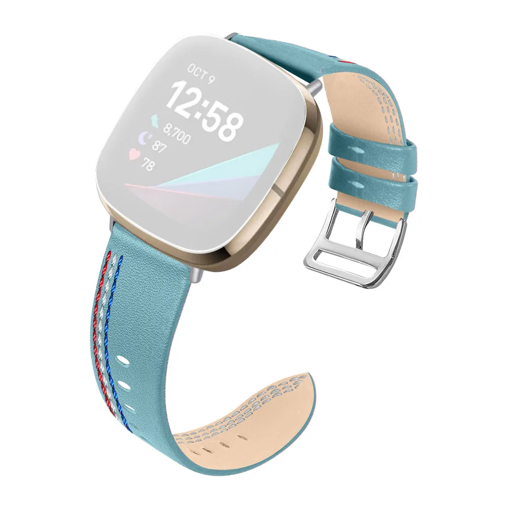 

Three Sewing Lines Design Genuine Leather Replacement Smart Watch Strap Cowhide Wrist Band for Fitbit Versa 3/Sense - Blue