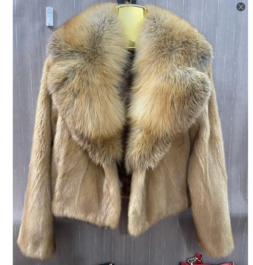 Gouden nertsbontjas voor dames, rode vossenkraag, winterwarme mode, nieuw,