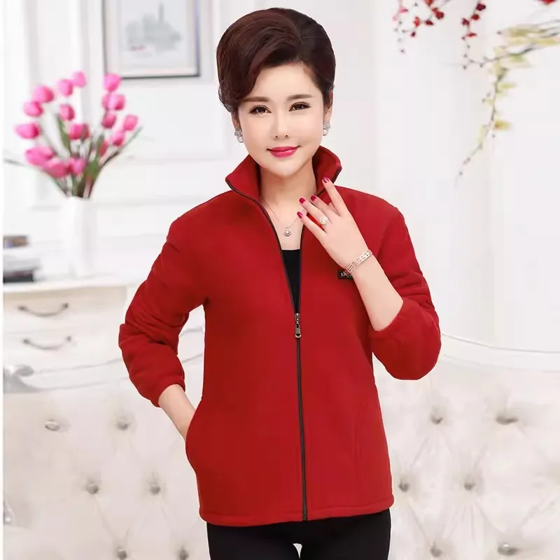 5XL Autumn Winter Jackets Women 2024 New Mid-Aged Fleece Stand Collar Warm Jacket Zipper Casual Outerwear Mother Short Coat Tops