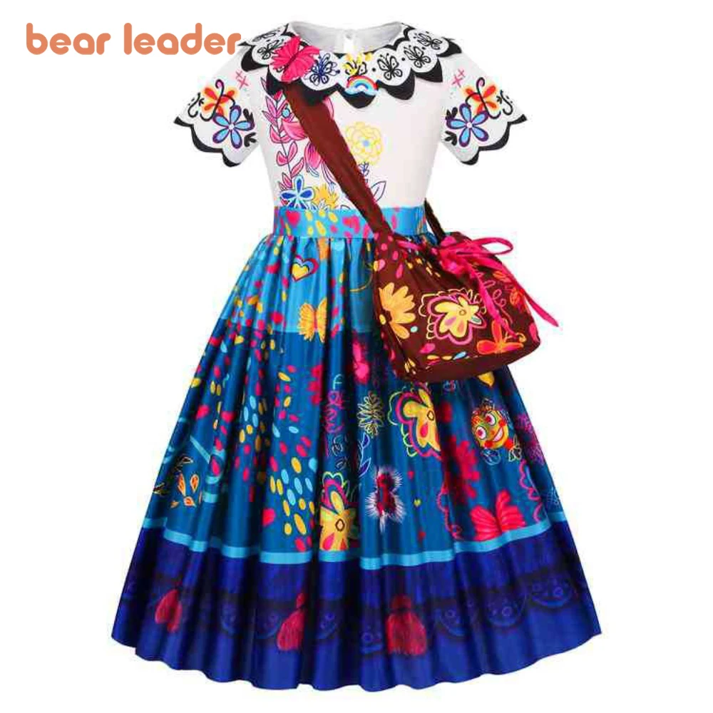 

Bear Leader Butterfly Flower Short Sleeved Pleated Dress Round Neck Printed Girl Princess Dresses Ethnic Style Girl Clothing+bag