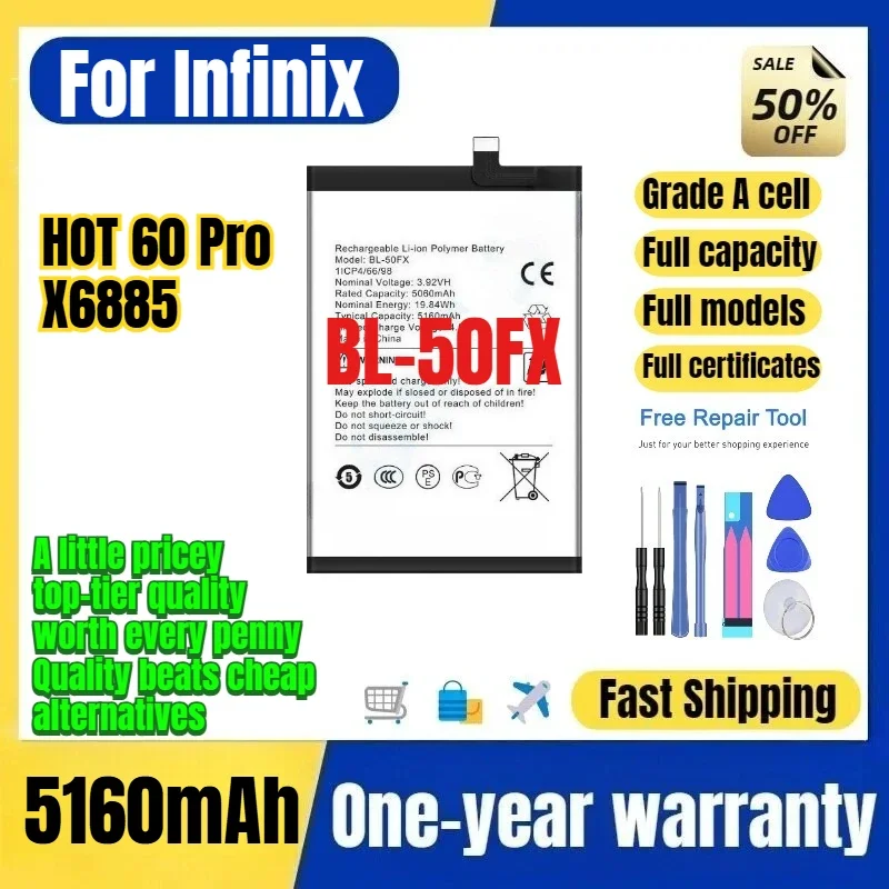 BL-50FX for Infinix Tecn HOT 60 Pro/X6885 Phone Battery 0Cycle High Capacity Battery Replacement Bateria Grade A Cell with Tools