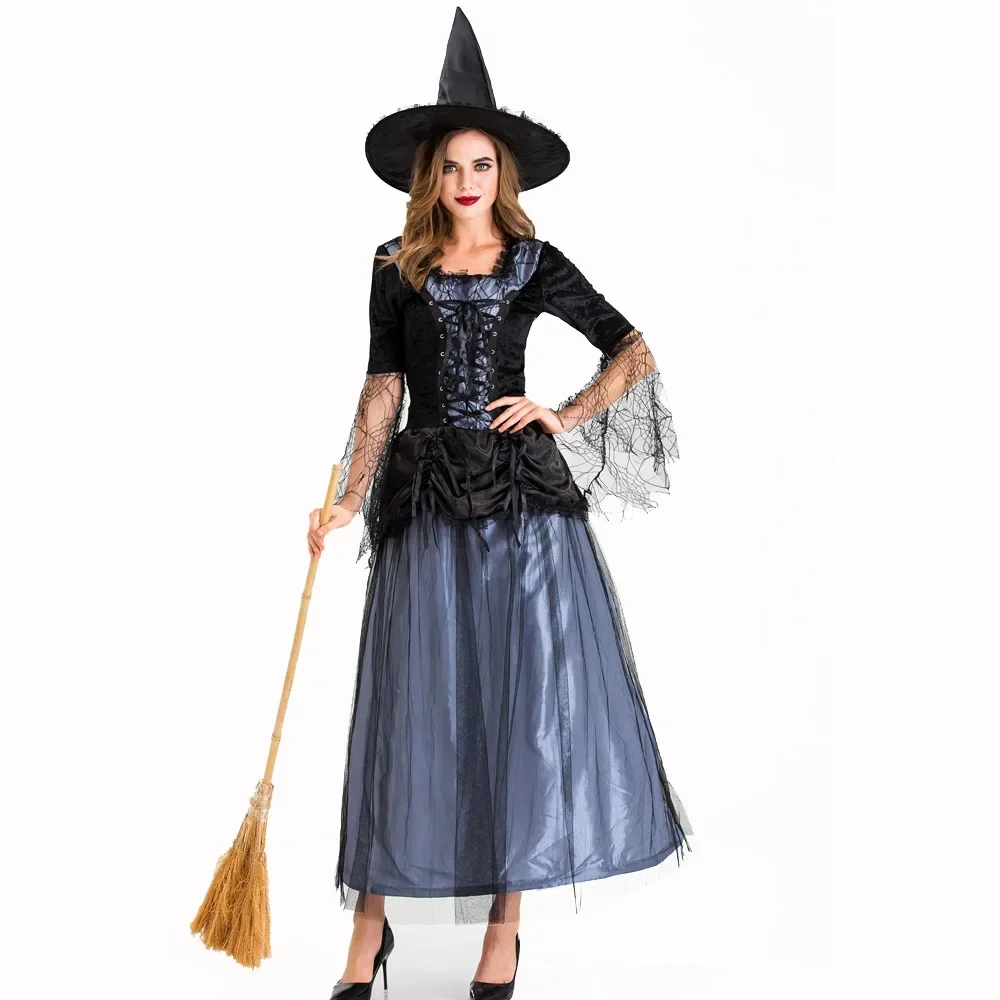 

Adult Blue Black Cobweb Witch Sorceress Costume Cosplay For Women Halloween Purim Party Costumes Fancy Dress Adult Costume