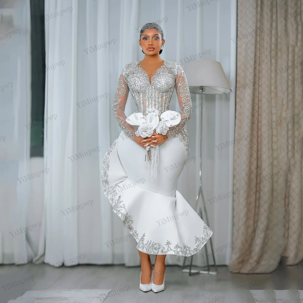 2026 Civil Mermaid Wedding Dresses for Women Bride Long Sleeves Rhinestone Tea Length Aso Ebi Bridal Reception Gowns Customized image 6