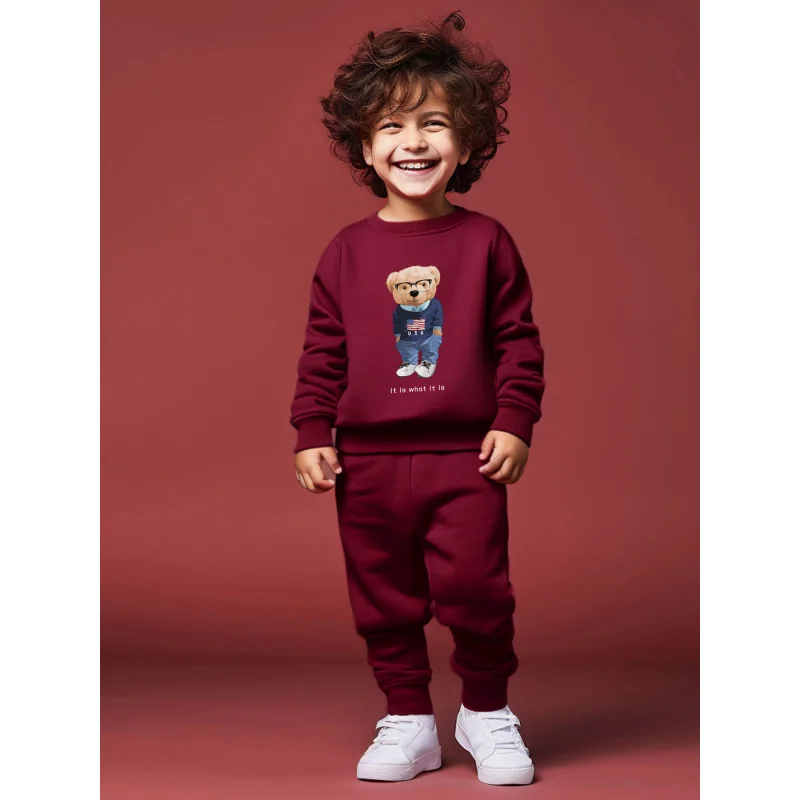 Boys round neck long sleeved hoodie set with cartoon glasses, little bear English letter printed versatile pants two-piece 2379A