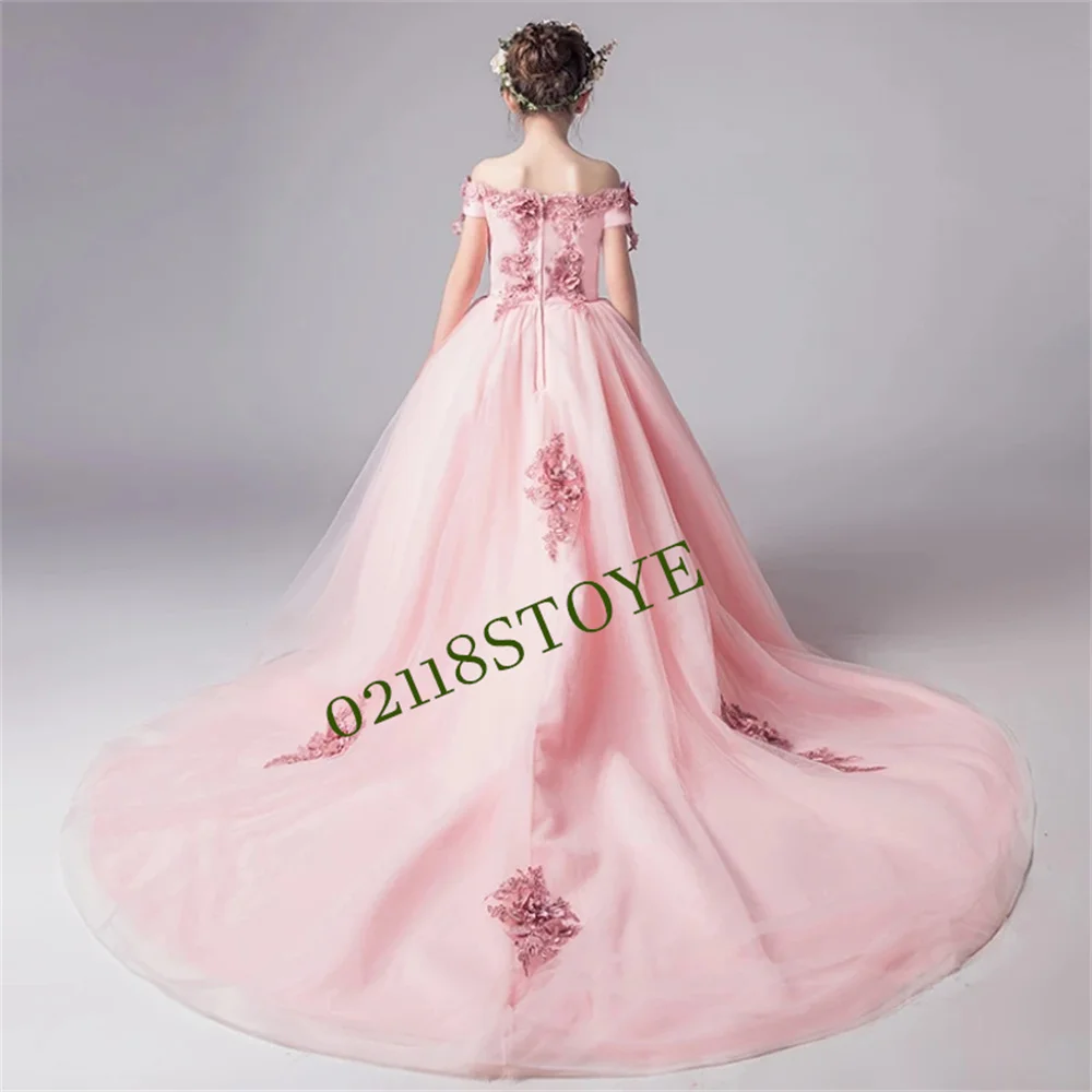 

Flower Girl Dresses Pink Puffy Beading Appliques Off Shoulder With Trailing For Wedding Party Birthday Banquet Princess Gowns