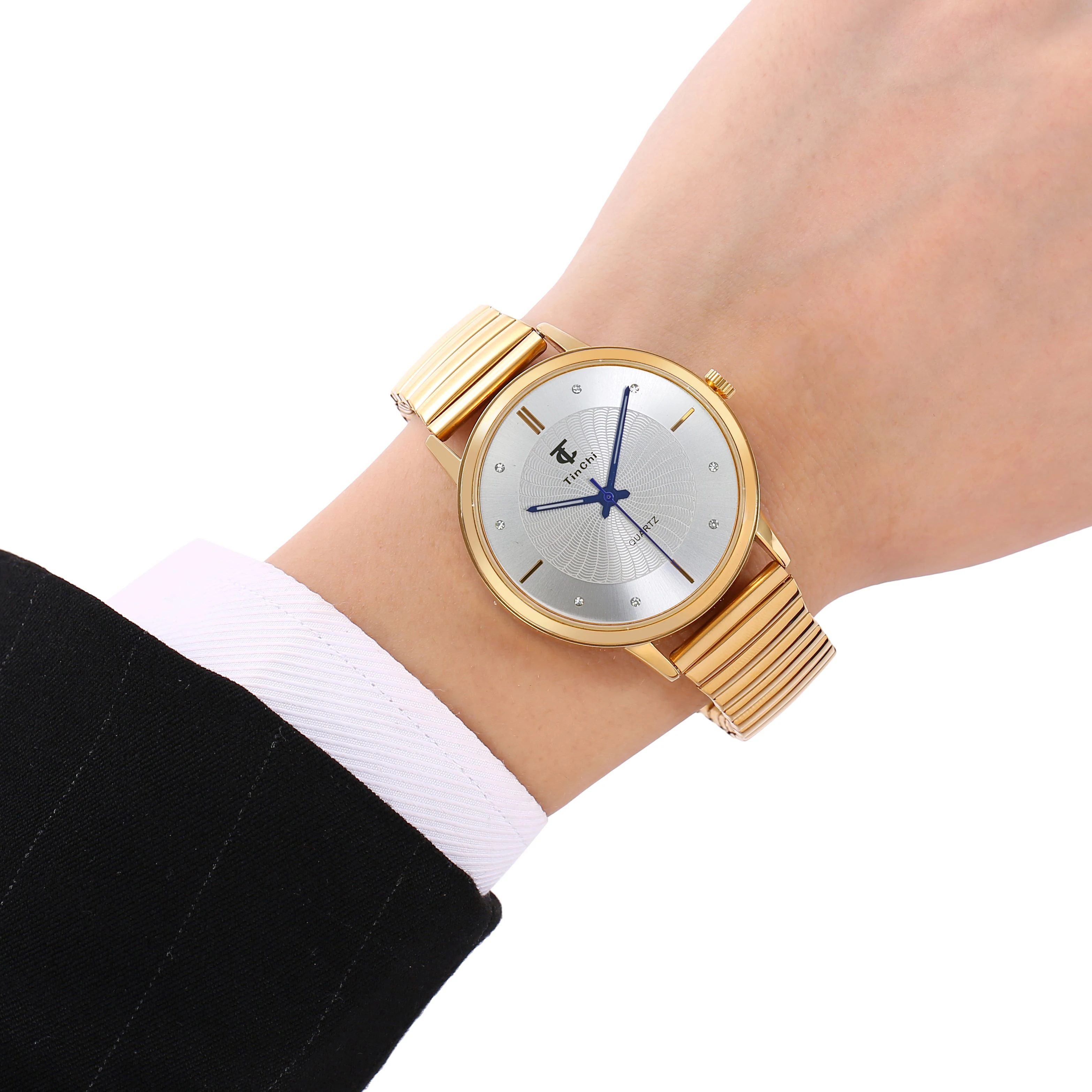 42mm Large Steel Case Expandable Bracelet Quartz Watch Unisex Wristwatch with Extensible Stainless Steel Strap