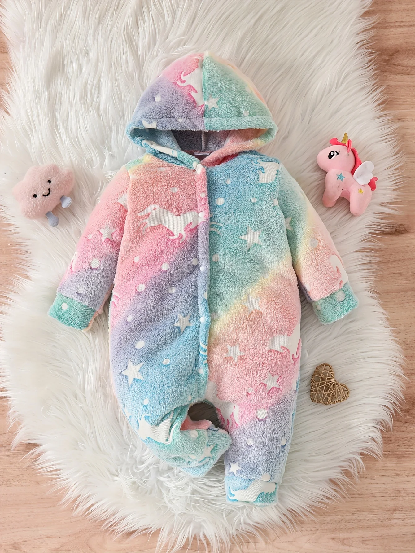 Baby children\'s fall and winter furry thermal crawl suit baby rainbow unicorn pattern plush hoodie