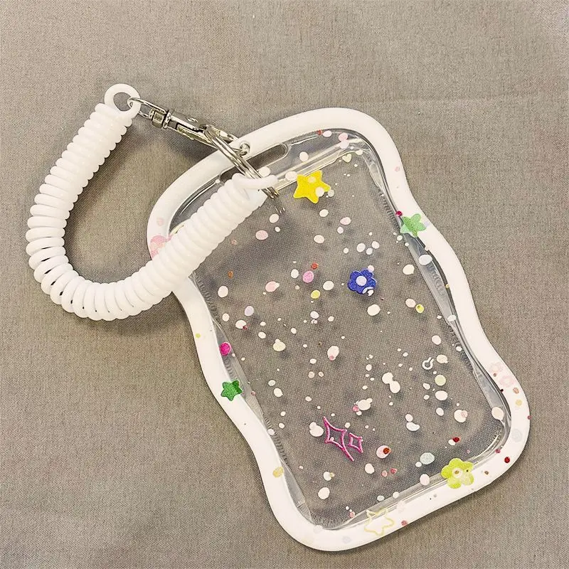 حامل بطاقات بقلادة على شكل نجمة منقطة، تصميم سلك زنبركي أبيض، حافظة شفافة مع زخرفة منقط، تخزين بطاقات صور أيدول، مضاد للفقدان لبطاقات العمل والبطاقات الوصول، ملحق لطيف للاستخدام اليومي #2