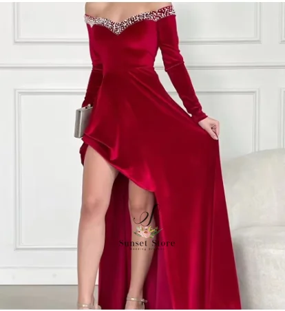 Customized  Floor Length Side Slit Strapless Evening Dress Velvet Long Sleeves Pearls Special Occasion Gowns Photo Color Elegant